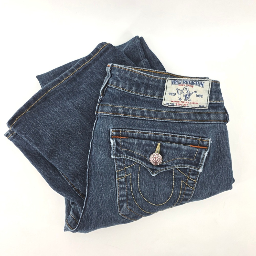 True Religion World Tour Section Boot Cut Jeans Dark Wash Women 31‎ Low Rise